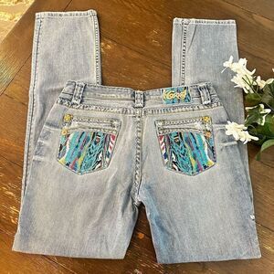 COOGI Womens‎ Light Washed Midrise Straight Jeans Embroidered Details sz 7/8